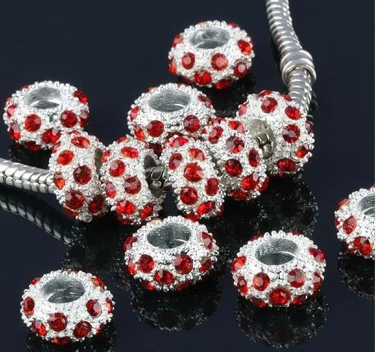 50pcs Silver Plated Red Rhinestone Spacers Beads for Bracelets