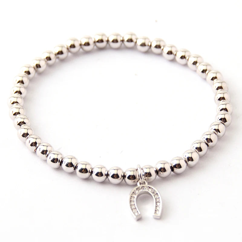 Copper Beads Horse Hoof Charm Bracelet with CZ, 5mm Round, Bangles