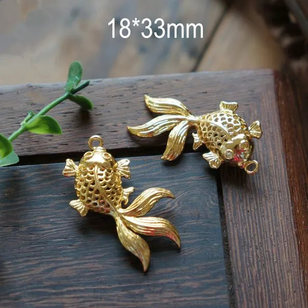 6pcs Gold-color Hollow Out Copper Goldfish Charm Pendant