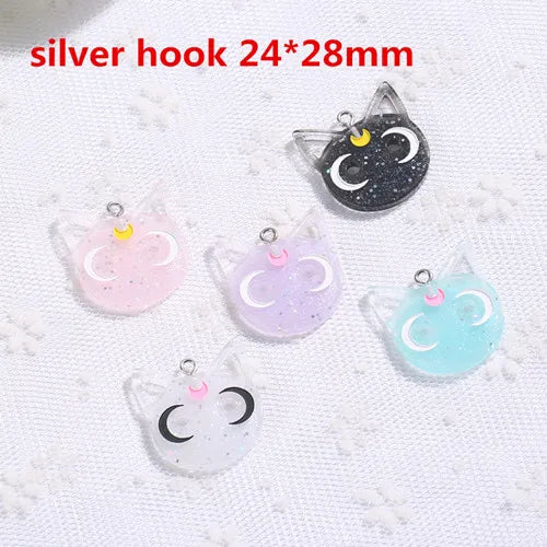 60Pcs Moon Cat Resin Charms Necklace Pendant Keychain Diy Making