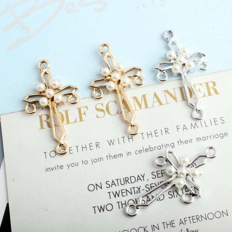60pcs 22*41MM Pearl Rhinestone Cross Shape Pendant Charms