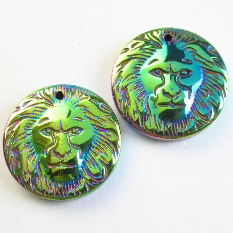 6pcs 25x5mm Rainbow Hematite Lion's Head Pendant Jewelry Beads