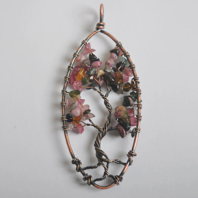 Wire Wrap Tree of life Multi-color Tourmaline Copper Pendant