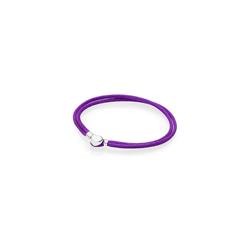 925 Silver Heart Chain Purple Leather Bracelet DIY Jewelry