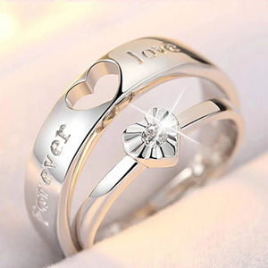 Adjustable Heart-Shaped Crystal Couple Ring Silver Plated Proposal Jewelry