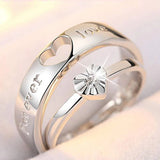 Adjustable Heart-Shaped Crystal Couple Ring Silver Plated Proposal Jewelry