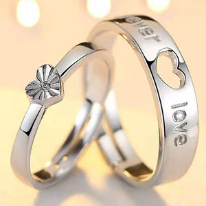 Adjustable Heart-Shaped Crystal Couple Ring Silver Plated Proposal Jewelry