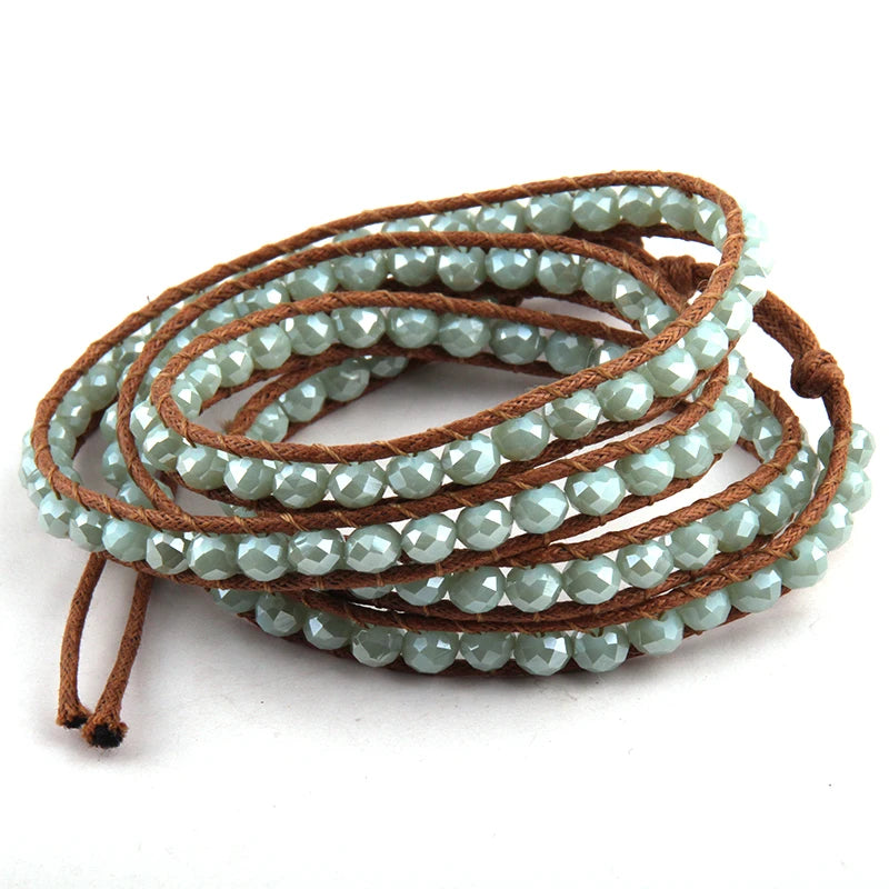 Glass Crystal Beads Long Wrap Bracelet Leather Bracelet