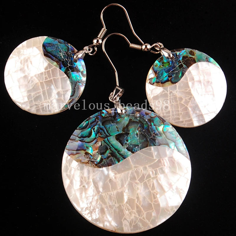 New Zealand Abalone Shell Art Round Pendant Earring Set