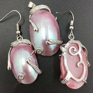 Pink Mother of Pearl Shell Dangle Earrings Pendant Set PC8330