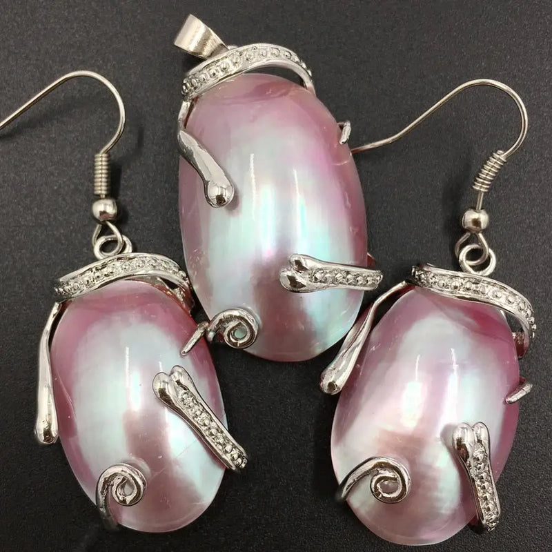 Pink Mother of Pearl Shell Dangle Earrings Pendant Set PC8330