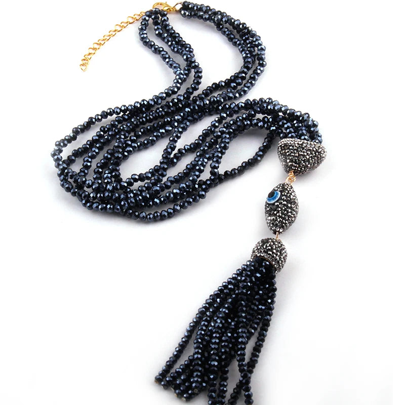 Bohemian Hematite Crystal Glass Tassel Necklace For Women