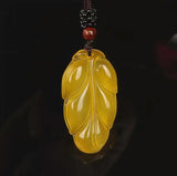 Natural Ice Agate Yellow Chalcedony Pendant with Jade Leaves