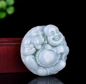Emerald Jade Buddha Pendant with Carved Smile Buddha