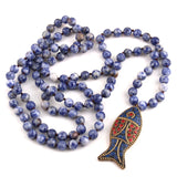 Artisan Fish Bead Necklace Long Knot Dot Stones