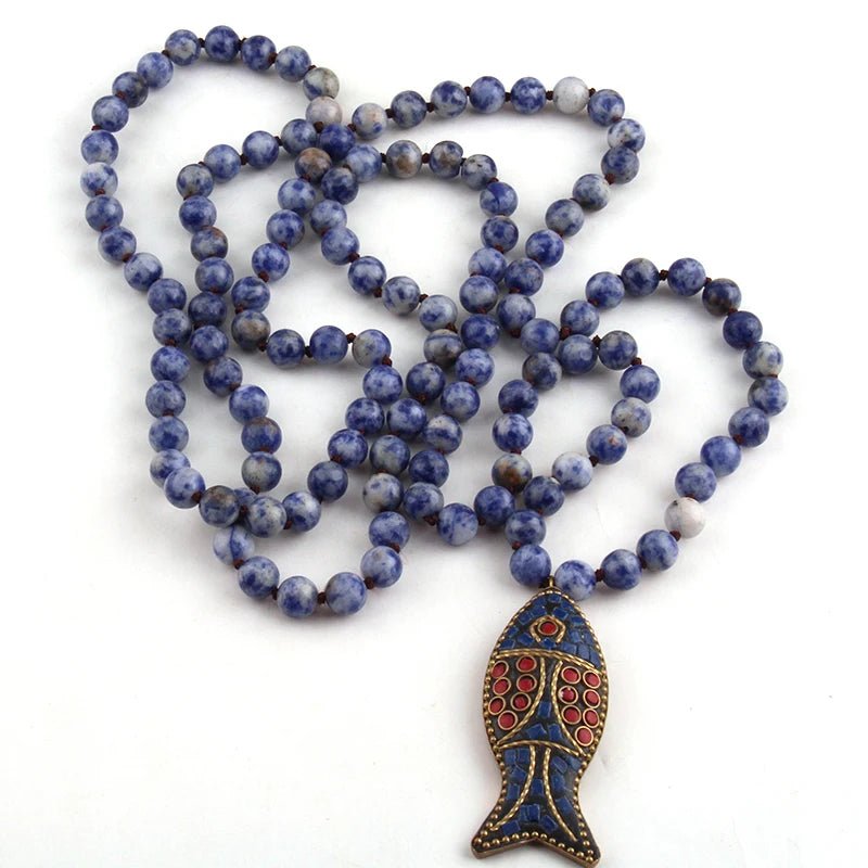 Artisan Fish Bead Necklace Long Knot Dot Stones