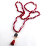 Red Glass Knotted Druzy Tassel Pendant Necklace