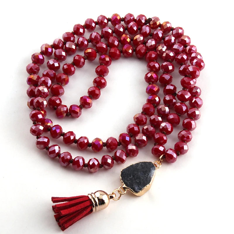 Red Glass Knotted Druzy Tassel Pendant Necklace