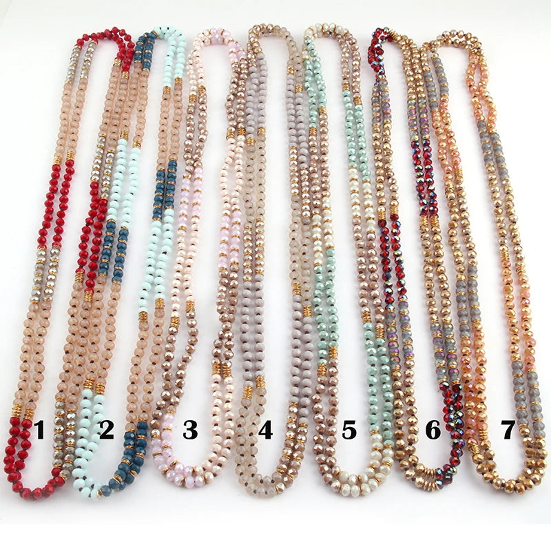 6mm Glass Long Knotted Crystal Necklace Women Ethnic