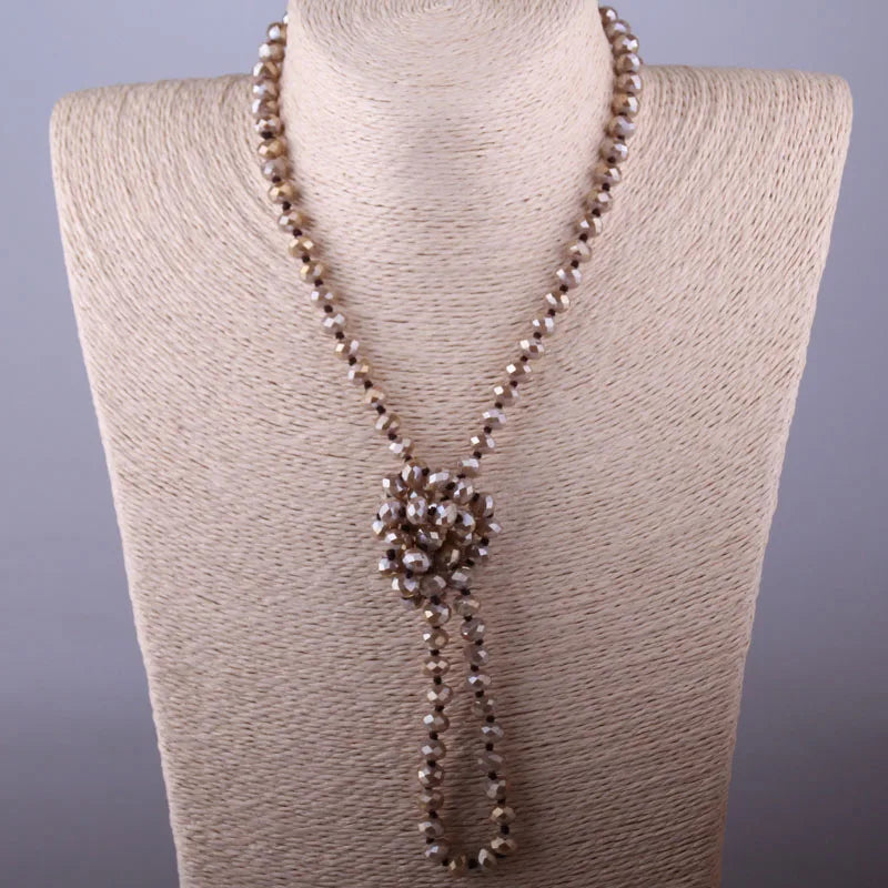 Boho Blush Crystal Long Necklace Handmade Knot Jewelry
