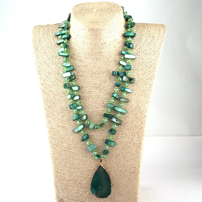 Agat Drop Pendant Necklaces with Glass Crystal/Shell Long Knotted Design