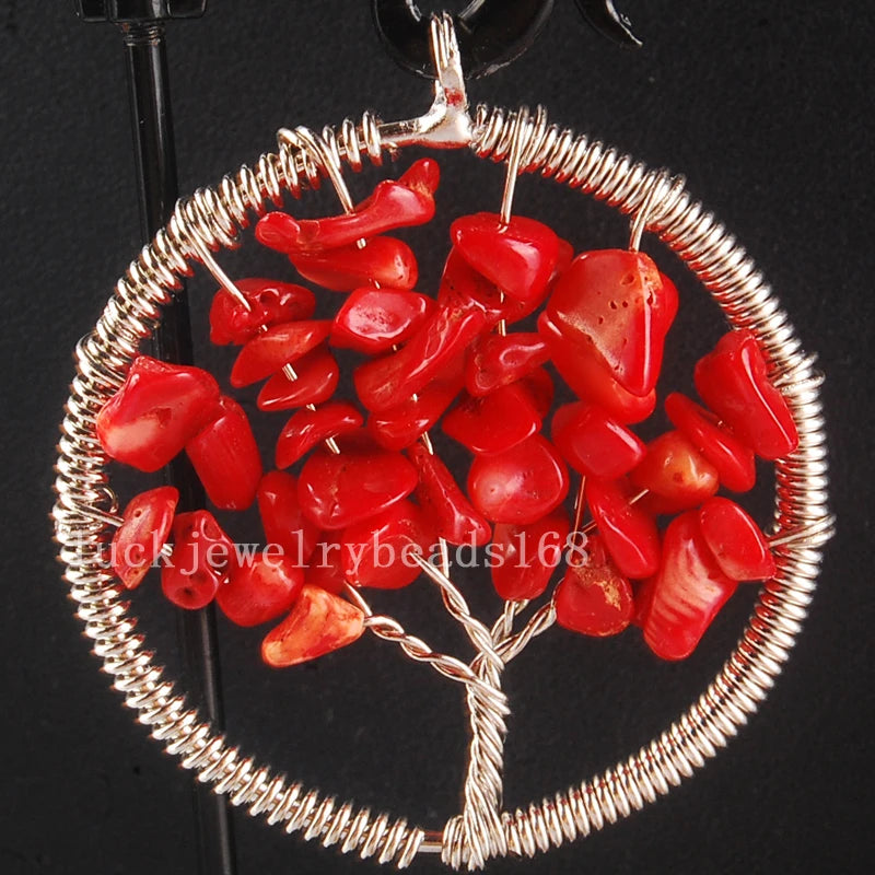 Red Coral Tree of Life Pendant Wire Wrap Women Men