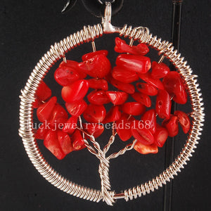 Red Coral Tree of Life Pendant Wire Wrap Women Men