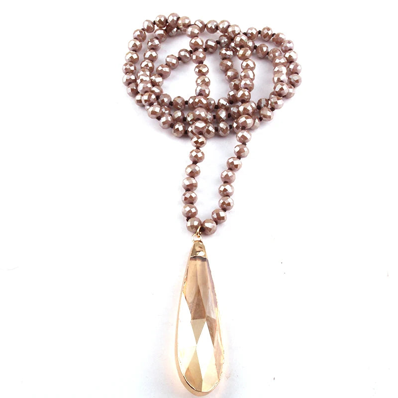 Crystal Glass Knotted Drop Long Pendant Necklace