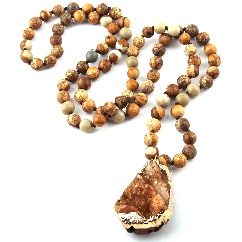 Knotted Brown Stone Pendant Necklace