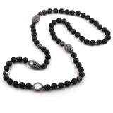 Long Knotted Pearl Paved Stone Necklace