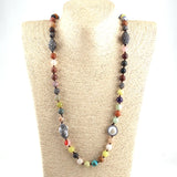 Long Knotted Pearl Paved Stone Necklace