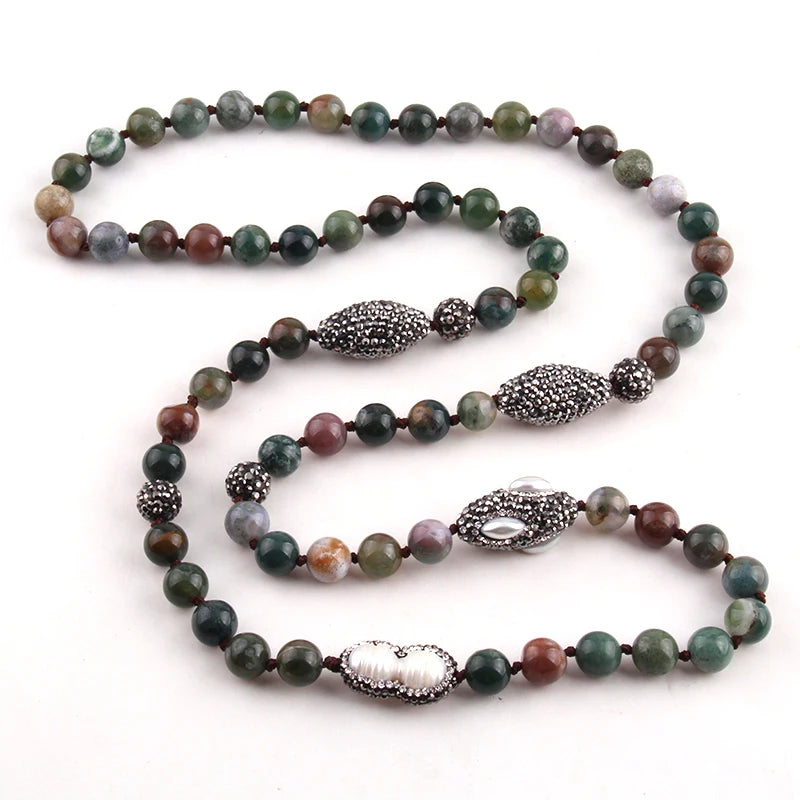 Long Knotted Pearl Paved Stone Necklace