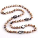 Long Knotted Pearl Paved Stone Necklace
