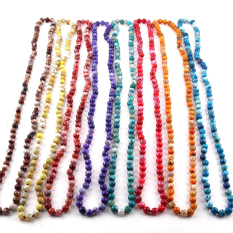 Agat Bead Necklace Long Knotted Semi Precious Stone