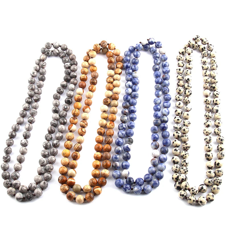 Long Knotted Beads Necklace with Semi Precious Stones