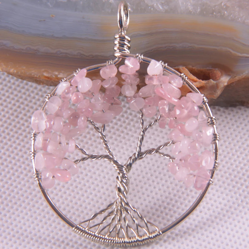 Tree of Life Pendant Pink Crystal Wire Wrap K1851