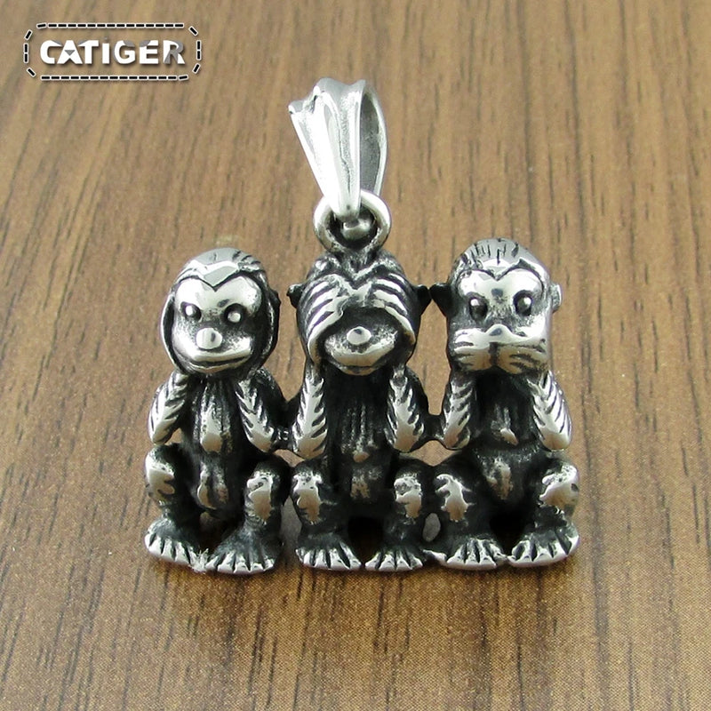 316L Stainless Steel Three Monkey Necklace Classic Simian Pendant