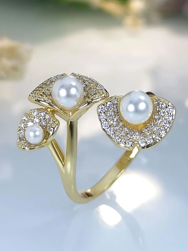 Flower Wedding Rings For Women Jewelry Party Gift Copper With Artificial Pearls
