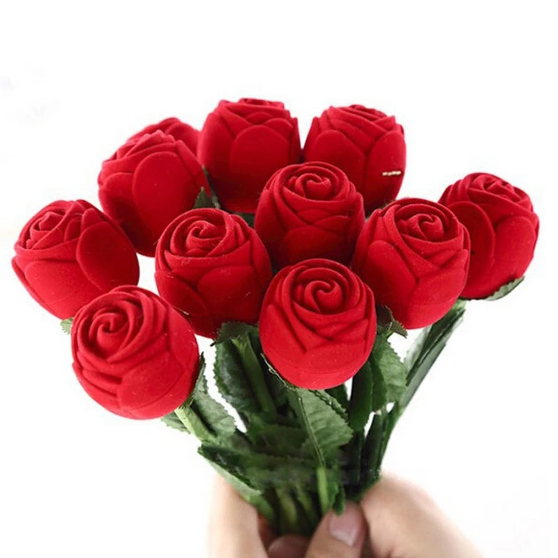 Red Rose Flower Velveteen Rings Display Box 30x5.9cm