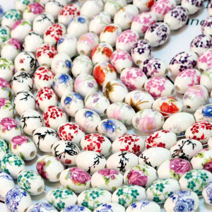100pcs 11x15mm Oval Ceramic Beads Flower Pattern for Jewelry Making
