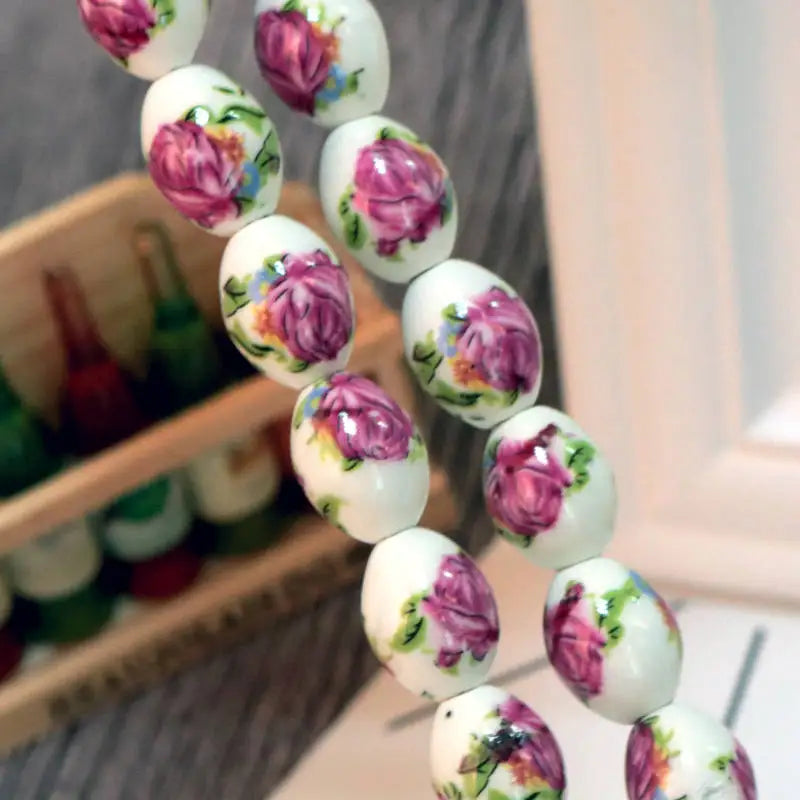 100pcs 11x15mm Oval Ceramic Beads Flower Pattern for Jewelry Making