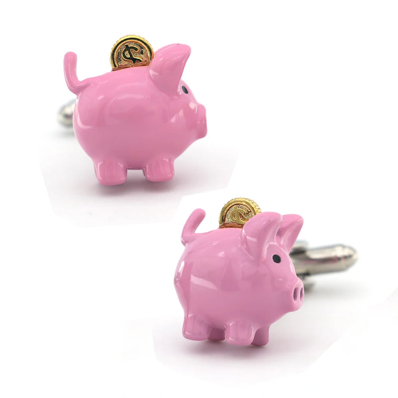Men's Piggy Bank Cuff Links Pig Pink Painting Copper Cuff Links