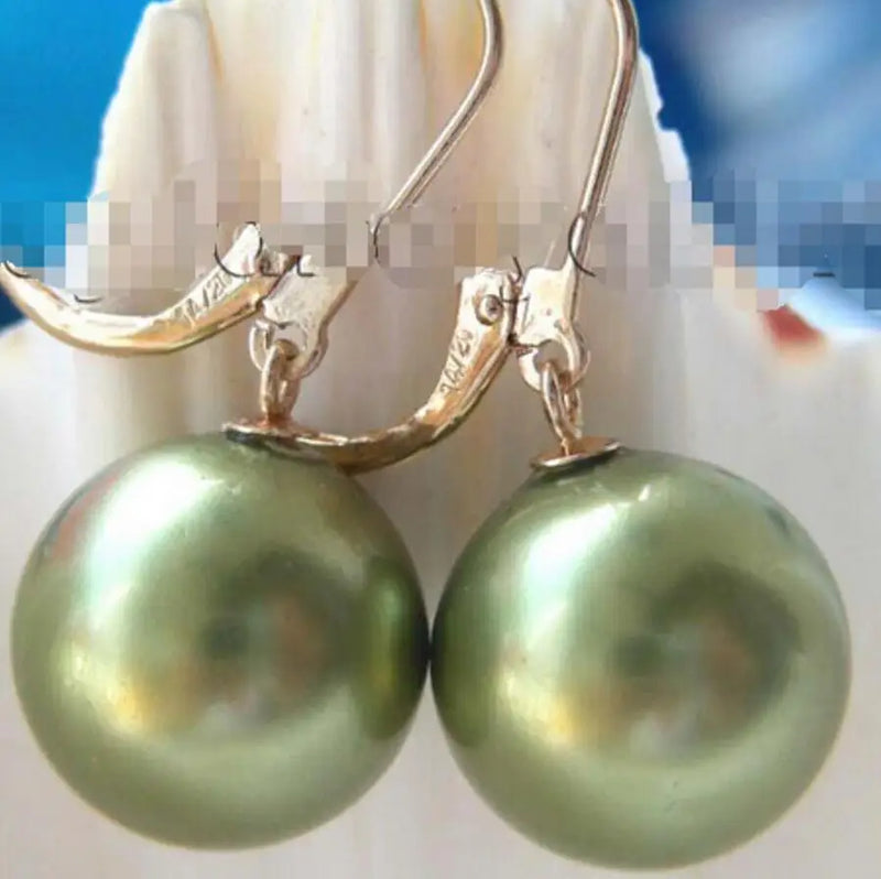 14mm Green Sea Shell Pearl Earrings
