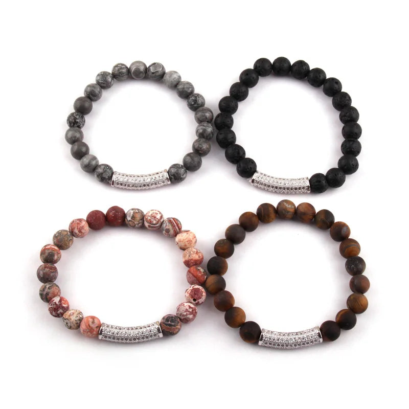 8mm Stone Bead CZ Pave Bar Bracelet