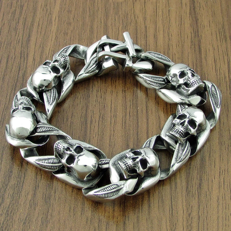 Punk Stainless Steel Leaf Skull Head Bracelet