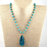 Rosary Chain Bead & Druzy Drop Pendant Necklace