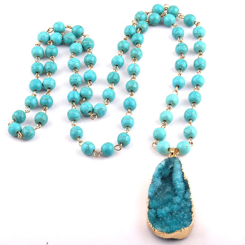 Rosary Chain Bead & Druzy Drop Pendant Necklace