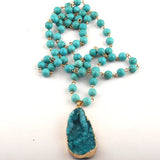 Rosary Chain Bead & Druzy Drop Pendant Necklace