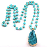 Rosary Chain Bead & Druzy Drop Pendant Necklace