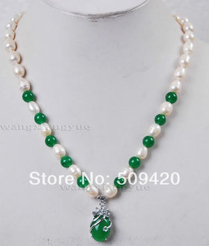 Akoya Pearl/Green Stone Pendant Necklace (15X25mm)